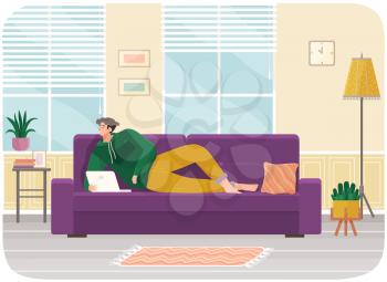 Man lying on couch with computer, holding laptop and correspondence surfing in Internet. Male character communicating with friends, studying remotely, sitting on sofa, relaxing, resting after work