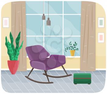 Interior of room with purple rocking chair, striped carpet and large window. Living room interior with furniture for elderly, rocking chair. Arrangement of furniture and decorations in apartment