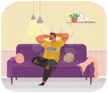 Man lying on sofa in apartment. Happy young guy relaxing, dreaming. Rest on couch and think about something. Home leisure. Male character lies on divan and smiles, enjoying time at home after work