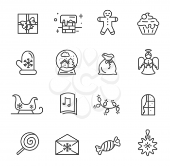 Set of Christmas theme icons isolated on white background. Vector illustration with flying angel, sweet pancake and snowy chimney drawn in black