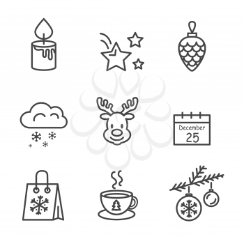 Icons drawn in black and white isolated on light background. Vector illustration with spruce branch with decoration and cup of hot tea on plate