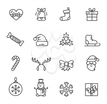 Christmas theme set of icons isolated on white background. Vector illustration with heart decorated with bow, ringing bell and cute smiling snowman