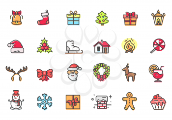 Christmas icons collection, bell and sock, present and tree, mistletoe and candies, snowflake and snowman, cookie and cake vector illustration