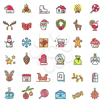 Christmas holiday set of icons, Santa Claus and mistletoe, snowman and present, angel and snow, deer and window, ball and star vector illustration