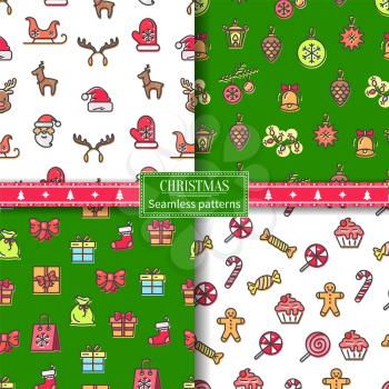 Christmas seamless patterns, set of posters of white and green colors with icons of Santa and reindeer, bell and present vector illustration