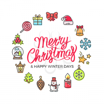 Merry Christmas and happy winter days, headline and icons among letterings, candy and candle, bow and snowman, star and toy vector illustration