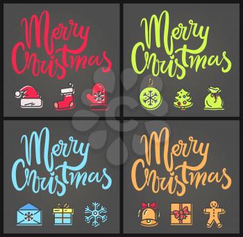 Merry Christmas set of posters with colorful topical icons on gray background. Vector illustration with bell decorated with bow and Santa Claus hat