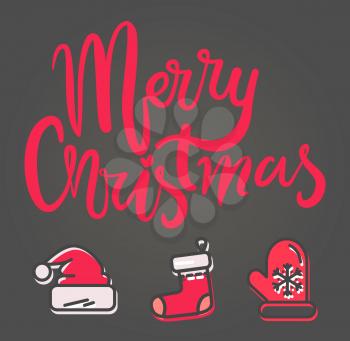 Merry Christmas bright banner with xmas theme icons. Vector illustration with Santa Claus hat with bubo, decorative socks and knitted mittens on gray