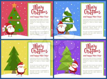 Merry Christmas and happy New Year, Santa Claus, with note, present and list, jumping character, and evergreen tree set, vector illustration