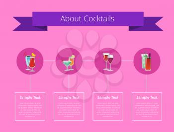 About cocktails poster with alcohol beverages in round circles and sample text for list of ingredients below each drink vector illustration on pink