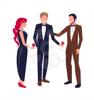 Two men and woman in middle of conversation with glasses of wine. Vector illustration with communicating isolated on white