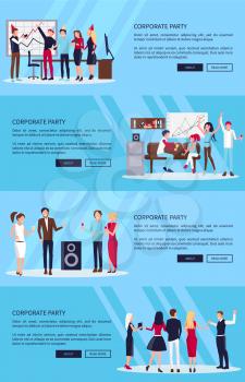 Corporate party set of four pictures with people in process of celebrating important event, whiteboard and scheme, button and text vector illustration