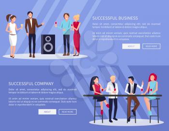 Successful business and company pictures, people dancing in club and listen to music, drinking wine and talking together vector illustration
