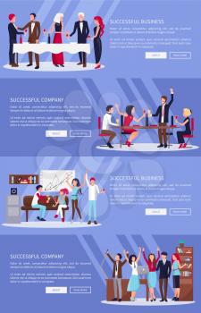 Successful business and company set of web-pages with text and buttons, representing people in office and while celebrating vector illustration