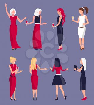 Set of women at party, ladies wearing dresses and skirts, dancing with glass wine in hands and taking photo vector illustration isolated on purple