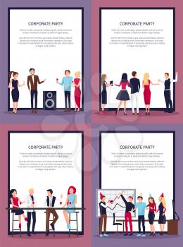 Corporate party set of four pictures with people dancing and drinking wine in office and club vector illustration isolated on white in frames