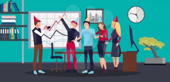 Corporate party in office, workplace with whiteboard and graphic, clock and bonsai, shelves and documents, people taking photo vector illustration