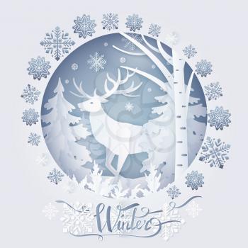 Winter deer in forest, poster with lone reindeer with horns walking in wood at wintertime, snowflakes and trees, headline vector illustration