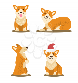 Dogs collection of icons, domestic pets and happy mood, canines with sticked out tongue, closed eyes, wearing red Christmas hat vector illustration