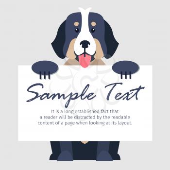 Cute Bernese Mountain Dog with open maw holds signboard with text isolated on grey background. Smart and loyal dog breed vector illustration. Cartoon fluffy domestic animal with calm character.