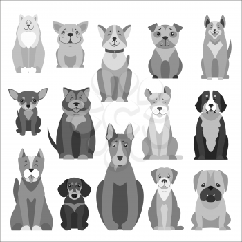 Colorless set of cute dogs cartoon icons, pets sitting with smiling muzzle and hanging out tongue monochrome isolated on white, vector illustration.