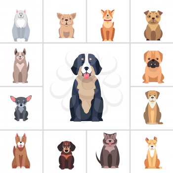 Set of happy doggies portraits, pets are sitting with smiling muzzle and hanging out tongue flat vector illustration isolated on white.