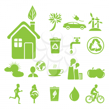 Green ecology symbols vector illustrations. Big house with leaf in chimney icon, recycling agitation, water saving and anti-pollution.