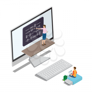 Qualitative online education abstract vector illustration. Woman explains material at black board from monitor and boy sits on flashcard and listen.