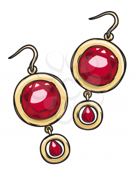 Luxurious gold earrings with natural ruby stone isolated on background. Gorgeous accessory for evening dress. Expensive women jewelry vector illustration. Vintage eardrops for night out.