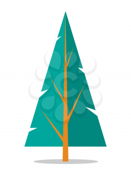 Flat spruce icon isolated on white. Vector illustration of tree casting slightly visible shadow with thin trunk and branches, and blue needles