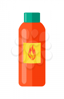 Liquid to fire in red bottle with yellow rectangle and flame icon on it along with blue-green lid isolated vector illustration on white background