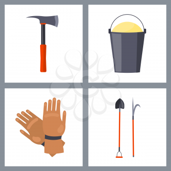 Set of isolated fire-related items vector illustration dipicting hatchet with metal grip, bucket with sand, brown gloves, shovel and hook