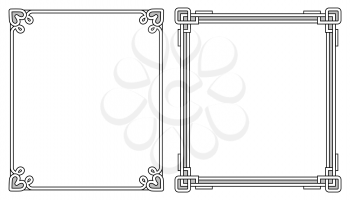 Two photoframes with decor elements at each corner on top and on bottom, empty inside vector illustration isolated on white background, colorless border