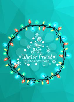 Hot winter prices clearance sale poster with Christmas tree surrounded by garland. Vector illustration on turquoise polygon background