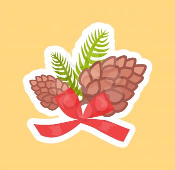 Two pine cones decorated with red bow vector illustrations isolated on beige background. Decorative natural fir elements, spruce cone and branches
