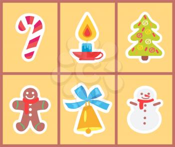 Set of bright Christmas icons isolated on light yellow background. Vector illustration with lollipop, candle and xmas tree with golden bell and snowman