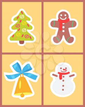 Christmas symbols set of icons on light yellow background. Vector illustration with cute snowman with golden shiny bell and decorated green spruce