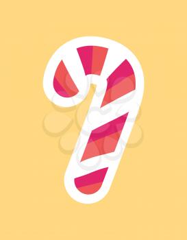 Candy stick stripped dessert vector illustration isolated on beige background. Tasty Christmas sticker icon, cute confectionery candy