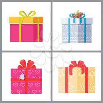 Set of gift boxes in decorative wrapping with color ribbons and bows flowers isolated on white background. Present packages surprises vector
