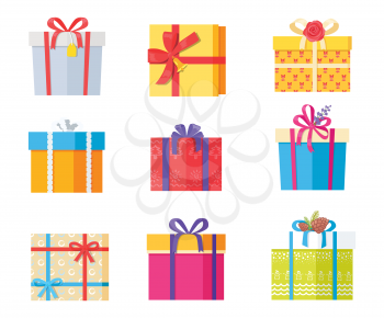 Big collection of present gift boxes in color wrapping paper, decorated by bows, pine cones, rose flowers, taped by ribbons, top and front view icons