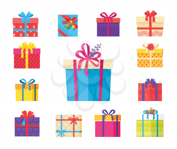 Boxing packs set, presents wrapped in paper with bells, topped by rose flower and bow, gift boxes vector illustration isolated on white background.