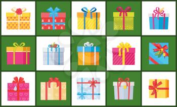 Set of Christmas parcel package icons in decorative wrapping paper with bows and ribbons vector isolated, present gift boxes colorful holiday packs
