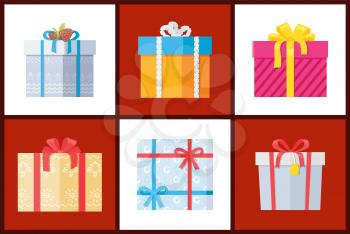 Presents wrapped in paper with bows, topped by pine cones and tapes, gift boxes vector illustration isolated on white background, boxing packs set