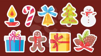 Set of light Christmas symbols isolated on brown background. Vector illustration with decorated spruce, burning candle and baked cookie in shape of person