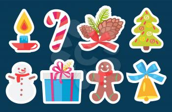 Christmas decorations set, collection of icons of candle and candy, decorated tree and snowman with scarf, present and bell vector illustration