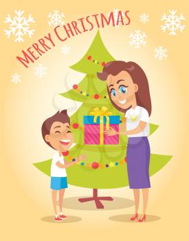 Merry Christmas poster with mother giving present to son near Christmas tree on beige background with snowflakes. Holiday postcard with mom and boy