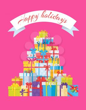 Happy holidays postcard with mountain of gift boxes isolated on pink background. Color wrapped presents pile with decorative bows and ribbons flat style
