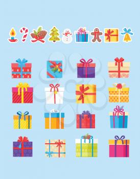 Set of icons with presents and Christmas symbols isolated on light blue background. Vector illustration with decorated spruce, candle and lollipop