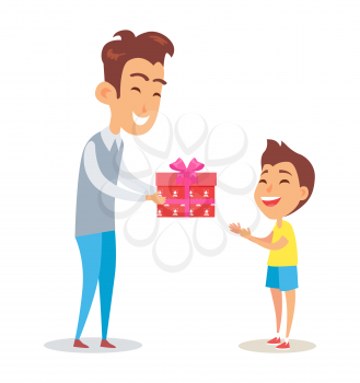 Merry Christmas poster with father and son isolated on white. Smiling dad greets his adorable son with wrapped gift box, happy childhood concept