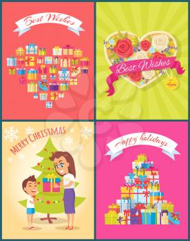 Best wishes, merry Christmas and happy birthday, celebration posters, with icons of presents, and decorated tree, family vector illustration